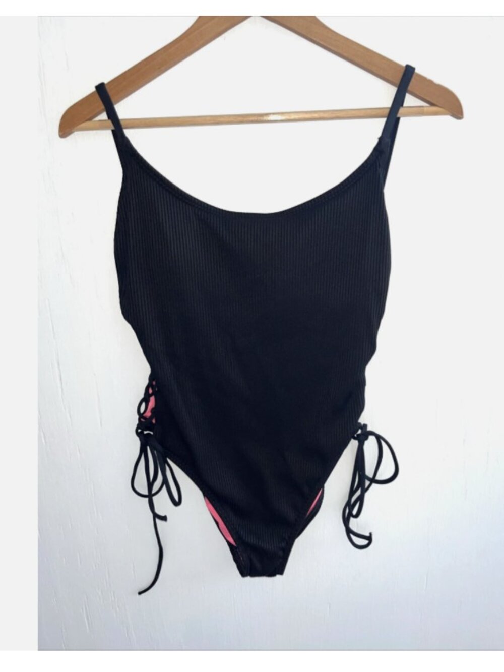 PINK Victorias Secret Black Ribbed One Piece Swimsuit Lace Up Sides Lined Size L
